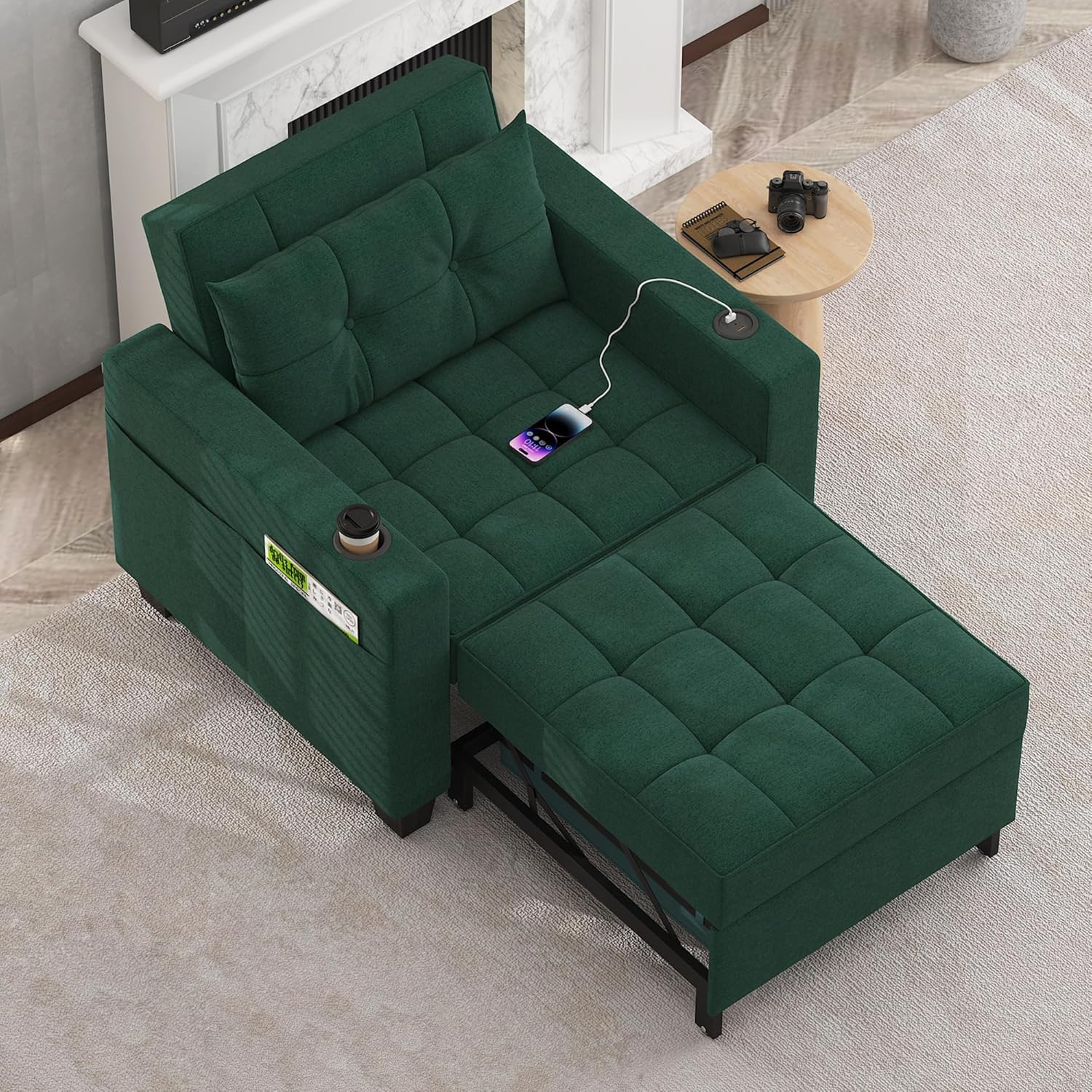 DURASPACE Pull Out Sofa Bed 3-in-1 Convertible Sofa Sleeper Chair Bed with USB, Cup Holder, Adjustable Armchair Beds for Small Spaces, Apartment, Living Room, Office (Green Linen)