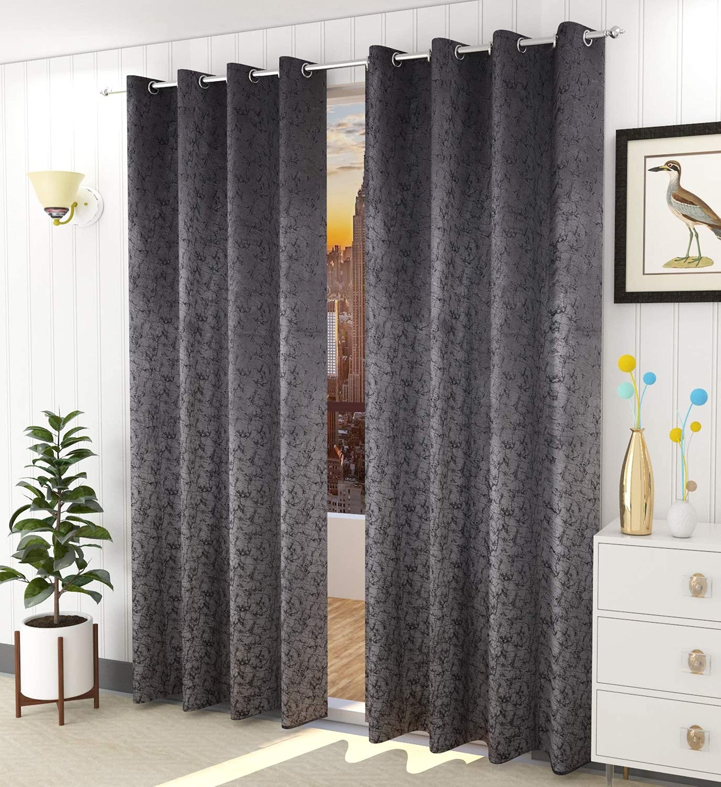 Home UTSAV 2 Piece Premium Room Darkening Suede Velvet Fabric Grommet Floral Opaque Curtains for Long Door 8 Feet, Grey-picture-32