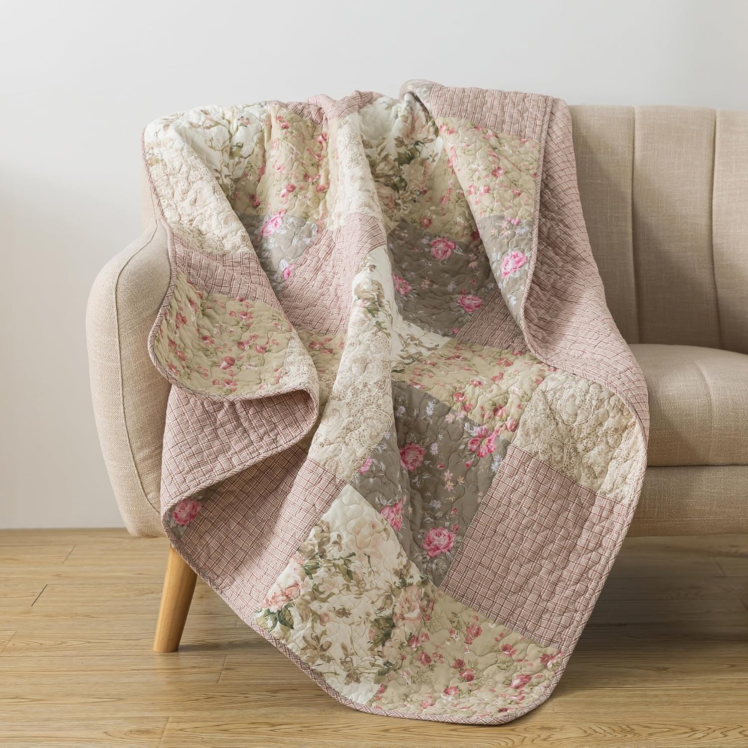 SLPR Cotton Quilted Throw Blanket, 50" x 60" Floral Farmhouse Patchwork Quilt, Shabby Chic Patchwork Throw Lap Quilt for Couch, Secret Garden