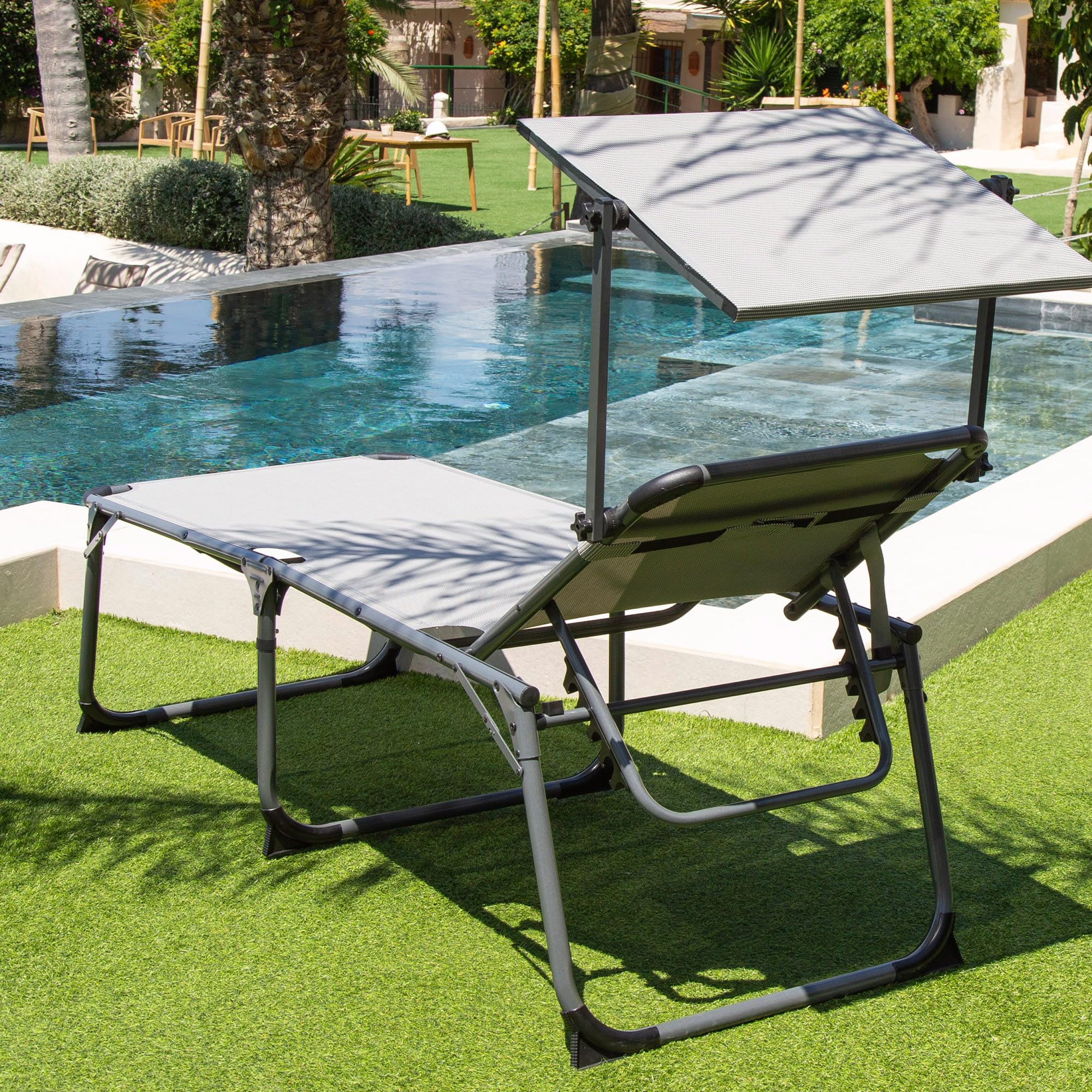AKTIVE 62613 - Tumbona plegable de playa con parasol, Tumbona de playa con cojín, 193x67x48/96 cm, altura del asiento 48 cm, color gris, tumbona plegable, 5 posiciones, peso máx 100 kg