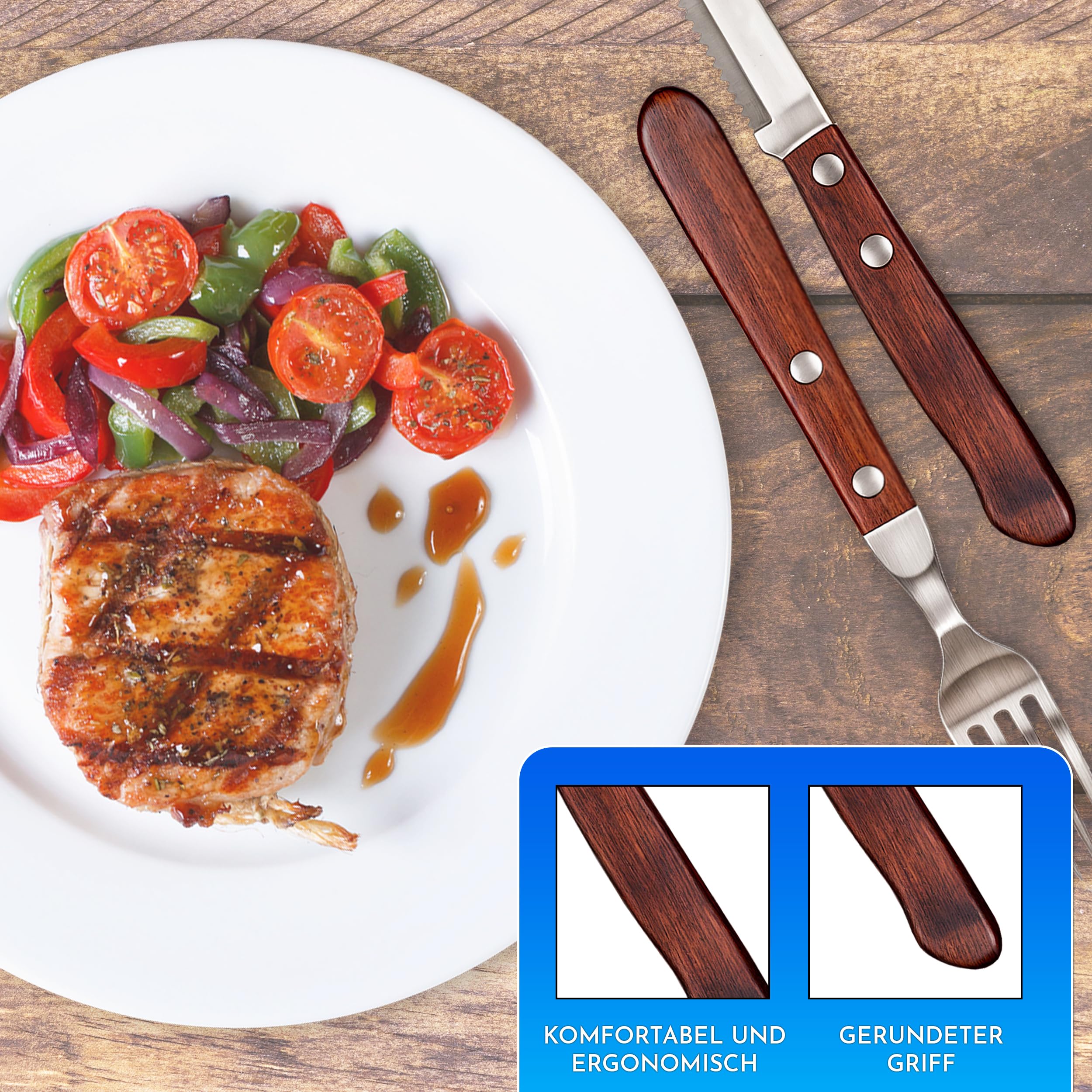 Steakbesteck edelstahl holz set 12 teilig mit 6 teilig Steakmessern und 6 teilig Steakgabeln