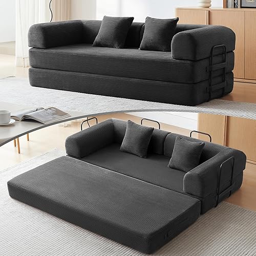 Miniatura 18 de Sofá cama convertible con 2 almohadas, futón de pana moderna, sofá modular con cama extraíble, sofá biplaza para sala de estar, apartamento de