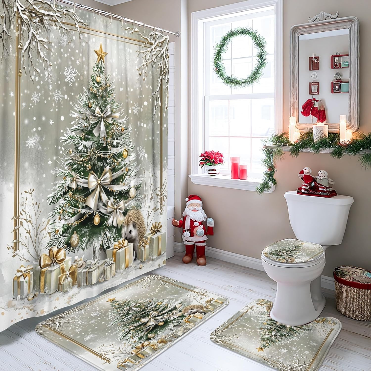 4PCS Retro Christmas Hedgehog Bathroom Sets, Bath Accessory with Non-Slip Rug, U Shape Toilet Lid Cover Mat, Winter Xmas Tree Animal Bathroom Decor-72''x72''