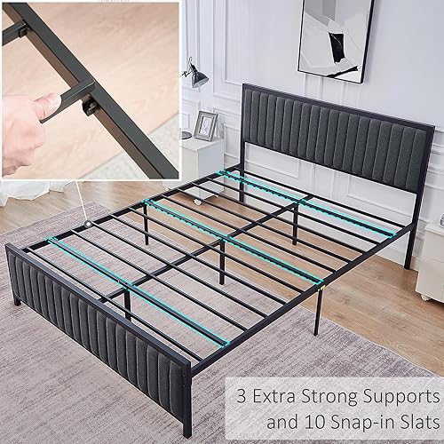 Miniatura 6 de VECELO Base de cama Queen con cabecero y estribo tapizados, plataforma de listones de acero resistente, no necesita somier, color gris