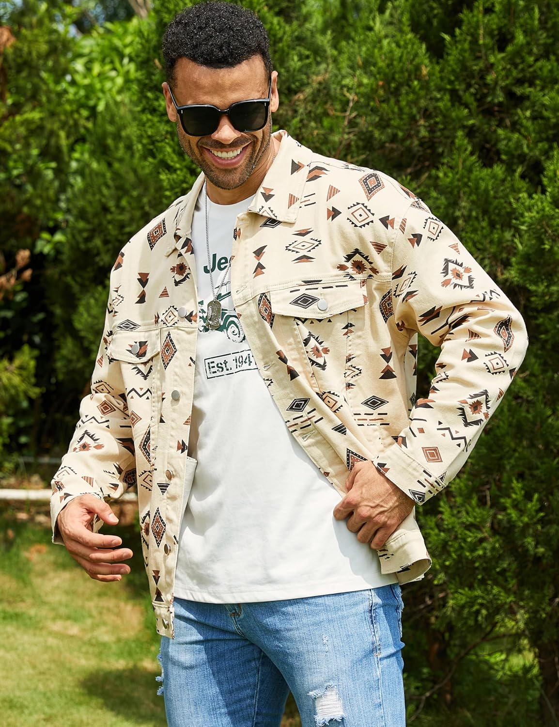 Bindefon Aztec Print Jean Jacket Men Trucker Unlined Coats Button Down Collar Tops Fall Outfits White Elephant Gifts - Image 3