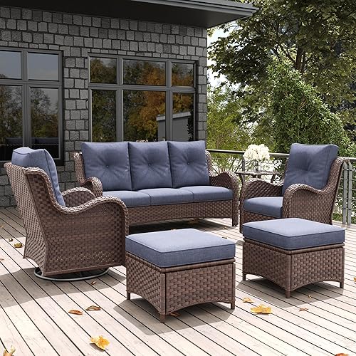 6 Pieces Outdoor Patio Furniture Set, Rattan Wicker Sectional Swivel
