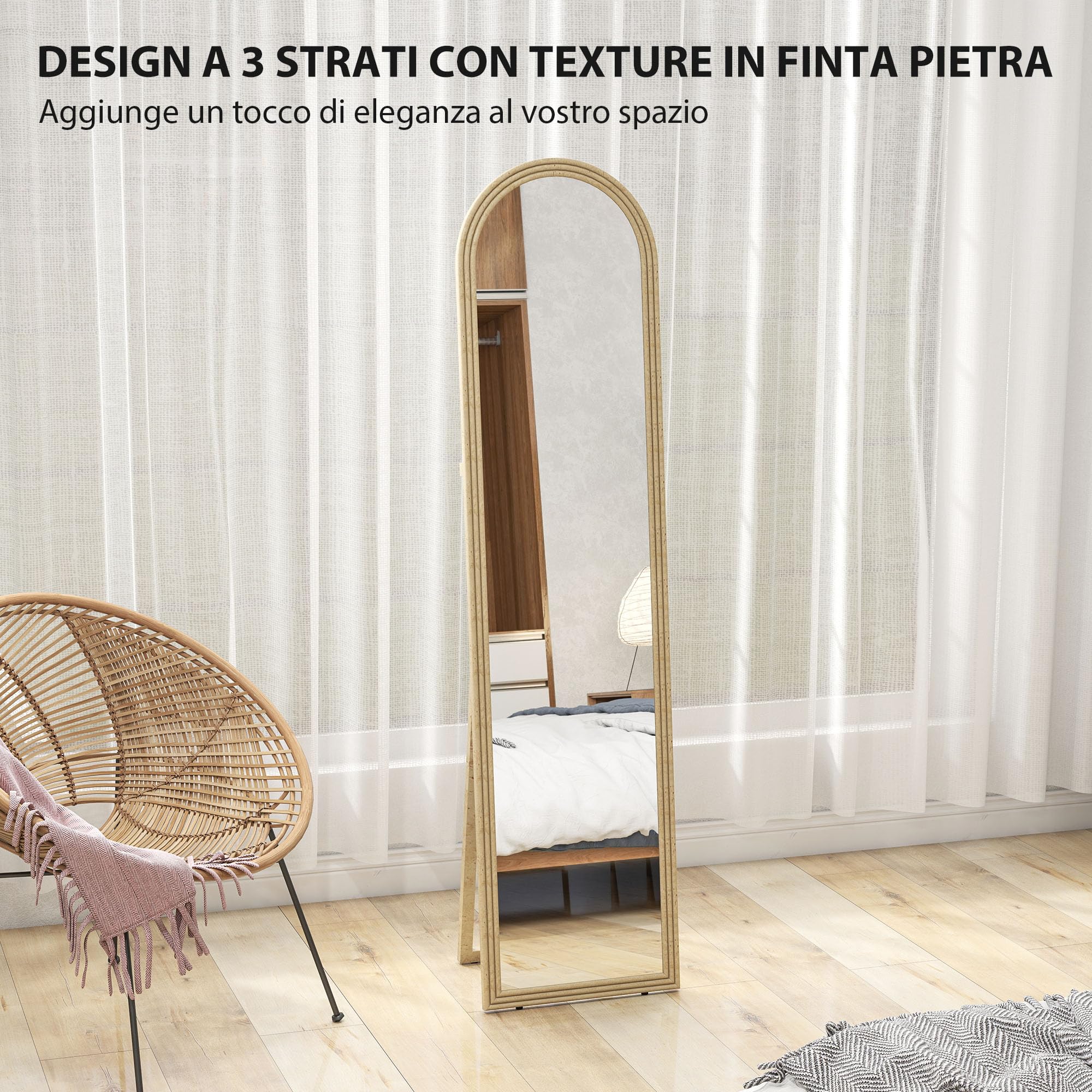 HOMCOM Specchio da Terra Moderno a Figura Intera, 40x160 cm Specchio da Parete e Autoportante ad Arco con Cavalletto Effetto Pietra, per Camera da Letto, Soggiorno e Ingresso, Beige