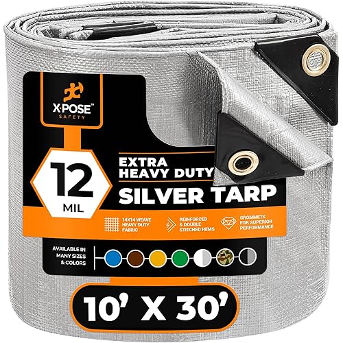 Heavy Duty Silver Poly Tarp 10' X 30' - Multipurpose Protective Cover - Durable, Waterproof, Weather Proof, Rip and Tear Resistant - Extra Thick 12 Mil Polyethylene - by Xpose Safety