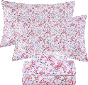 Viviland Floral 100% Cotton Sheets Twin, Pink Flower Printed | Soft Percale Sheets, Crisp Cooling, Twin Single Sheet Set with Corner Straps, Deep Pocket, Cozy Vintage Bedding