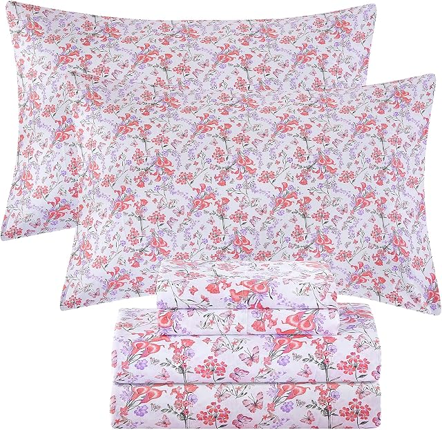 Viviland Floral 100% Feuilles de coton Twin, Fleur Rose Imprimé , Feuilles doux Percale, Refroidissement par Crisp, Ensemble simple de deux feuilles avec les paillettes d'angle, Poche profonde, Cozy Vintage Literie