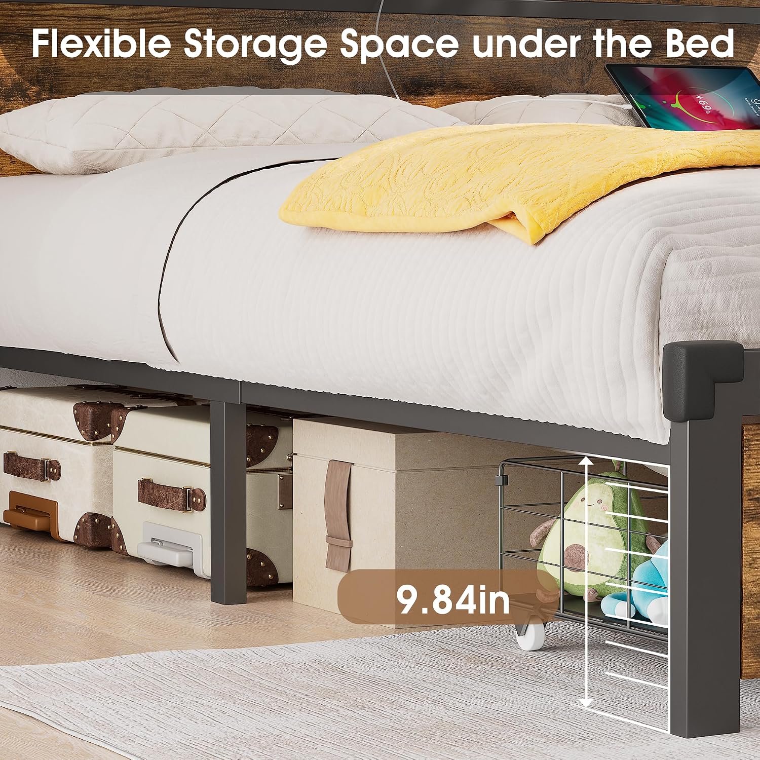 Image showing the flexible storage space under the bed, indicating 9.84 inches of clearance.
