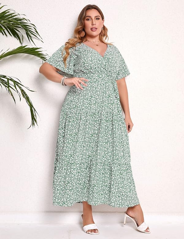KOJOOIN Women Plus Size V Neck Wrap Maxi Dress Short Sleeves High Waist Ruffle Summer Casual Dress with Belt Green White Leaf Flower 4XL by KOJOOIN - Used condition - Image 4