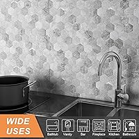 Vista 31 de VAOVI Peel and Stick Backsplash Tile,Backsplash Tile for Kitchen Peel and Stick Wall Panels Hexagon Marble Tile(White Silver,5pcs)
