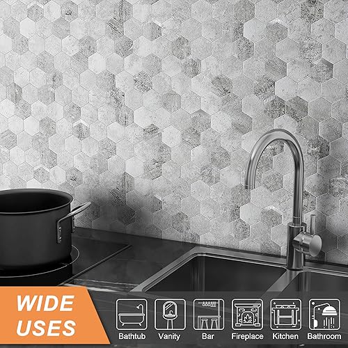 Miniatura 31 de VAOVI Peel and Stick Backsplash Tile,Backsplash Tile for Kitchen Peel and Stick Wall Panels Hexagon Marble Tile(White Silver,5pcs)