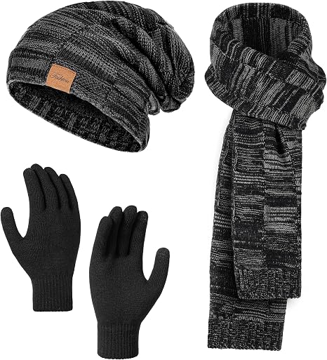 Winter Hat Beanie Scarf Touchscreen Gloves Set, 3Pcs Soft Thick Fleece Lined Gloves Skull Cap Scarf Set for Women Men