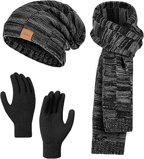 Winter Hat Beanie Scarf Touchscreen Gloves Set, 3Pcs Soft Thick Fleece Lined Gloves Skull Cap Scarf Set for Women Men