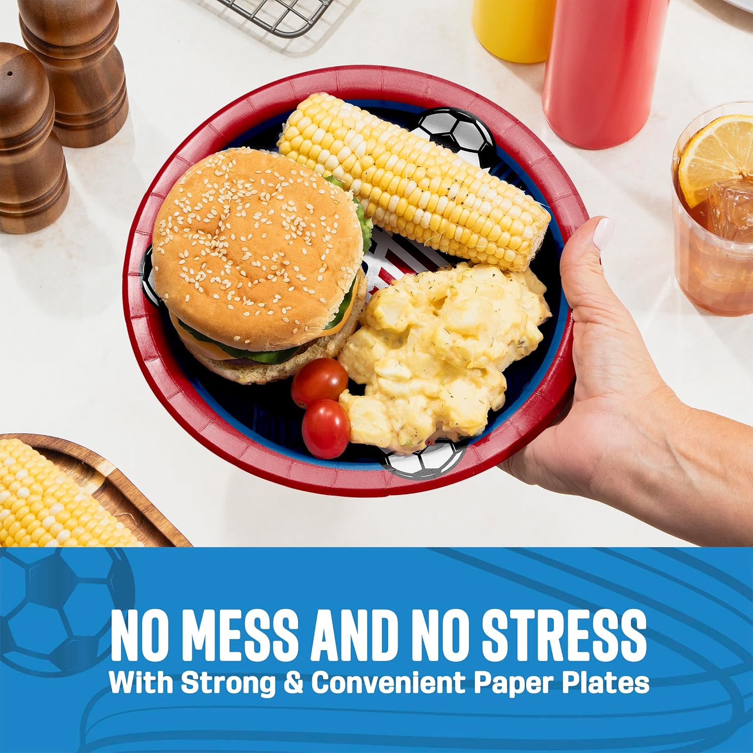 USMNT World Cup 2026 U.S. Men's Soccer Multicolored Disposable Tableware Set with Party Paper Plates, Absorbent Dinner Napkins, and Plastic Tumblers, Serves 16