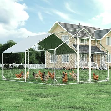 4ever2buy Metal Chicken Coop, 10x13 FT Walk-in Chicken Run Pen Poultry Cage, Water-Resistant & Anti-UV Cover, Large Chicken Coop for 12-15 Chickens