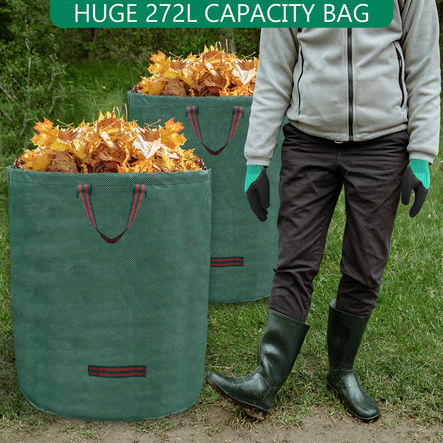 Wiederverwendbare Gartenabfallsäcke mit beschichteten Handschuhen, robuste Laubsäcke, 4 Griffe, für Laub, Müll, Hofabfälle (H 76 x 66 cm), 6 Stück