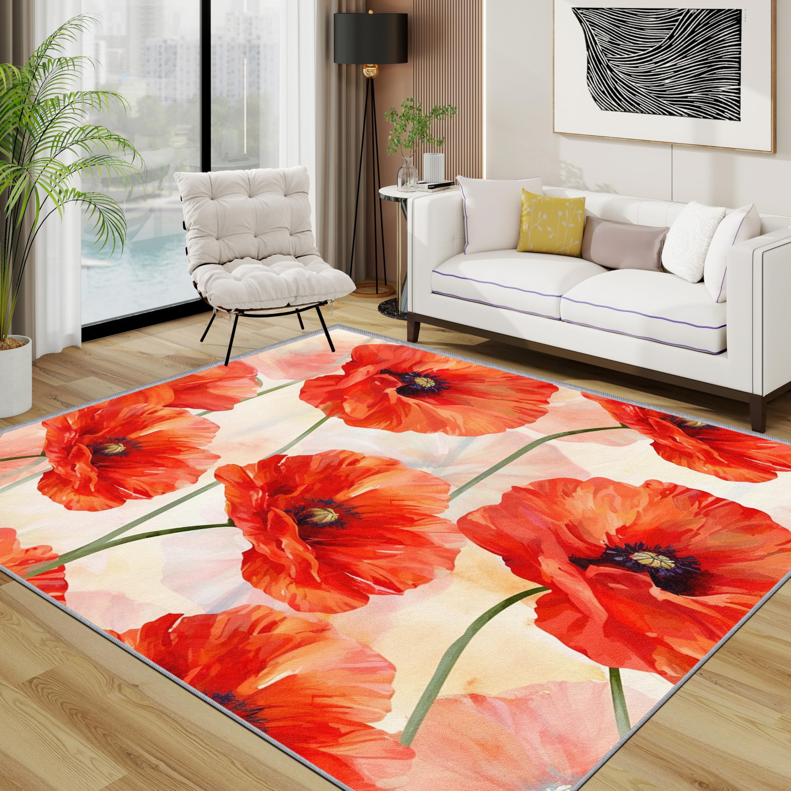 Red Poppy Rug - Poppies Floral Watercolor Small Rugs for Bedroom 40x60, Vibrant Flower Floor Mat Soft Washable Non Slip Indoor Mats, Red Poppy Home Decor