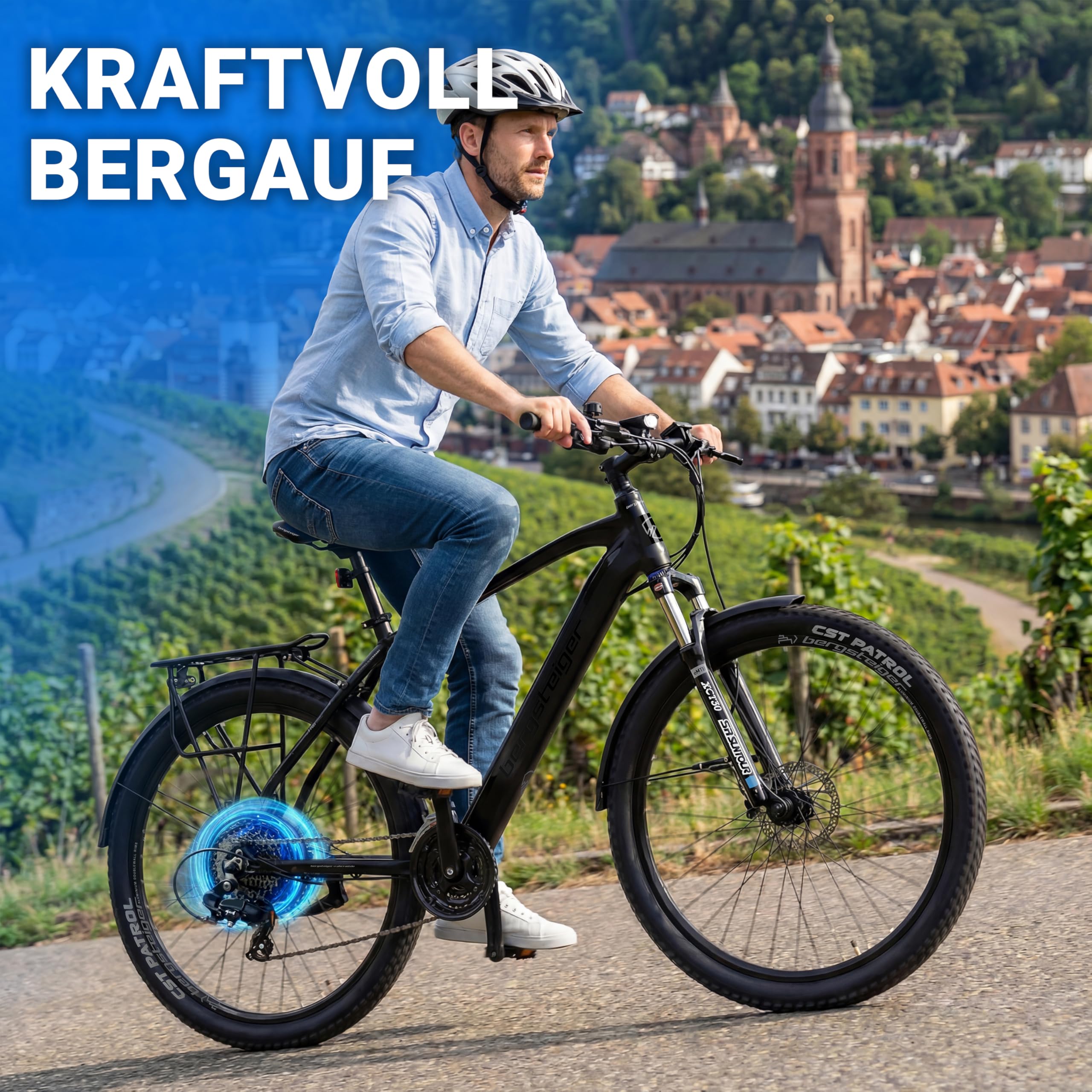 Bergsteiger Cannock E-Bike Mountainbike aus Aluminium mit Farbdisplay | Leistungsstarker 250 Watt Motor, Hydraulikbremsen und 24 Gänge bieten Fahrspass von 26 bis 29 Zoll fuer Herren und Damen.