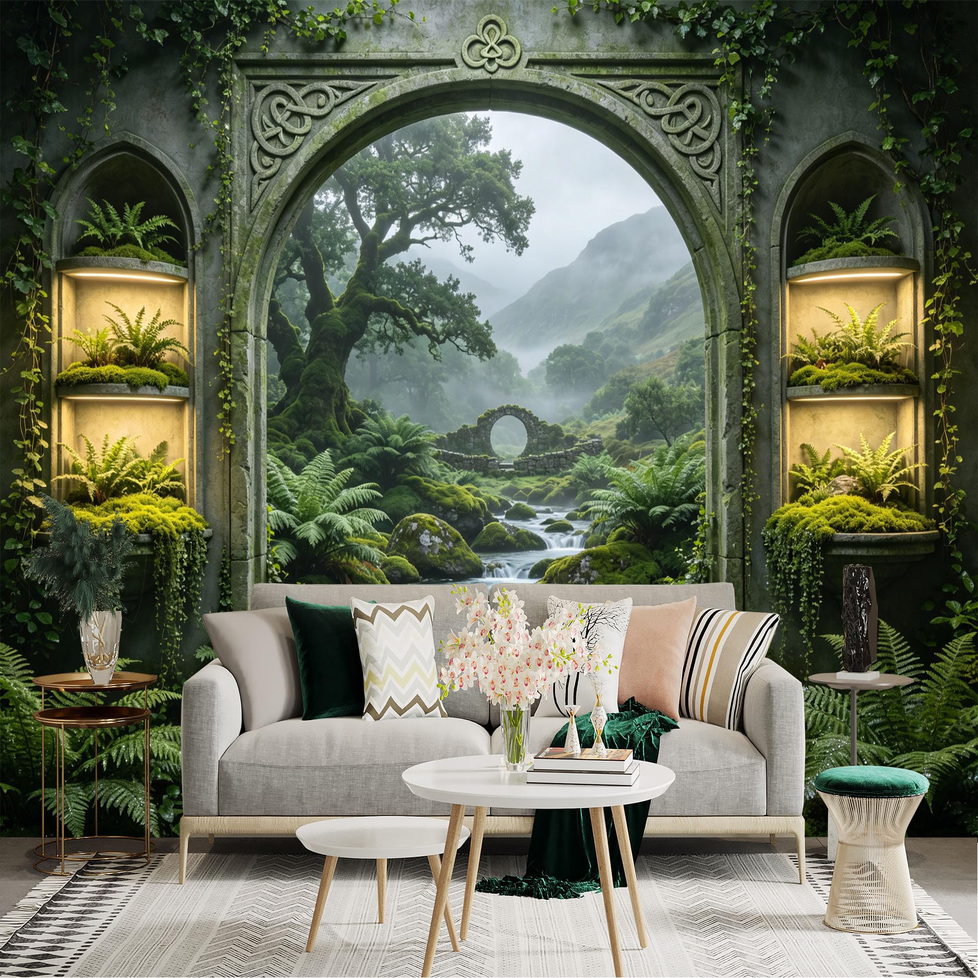 Lnzczhyre Dbh260521088 Custom Size Wall Sticker Mural， Ancient Stone Archway， Misty Forest Landscape， Mossy River Stream， Lush Greenery， For Wall Decoration， Peelandstick Wall Decals.