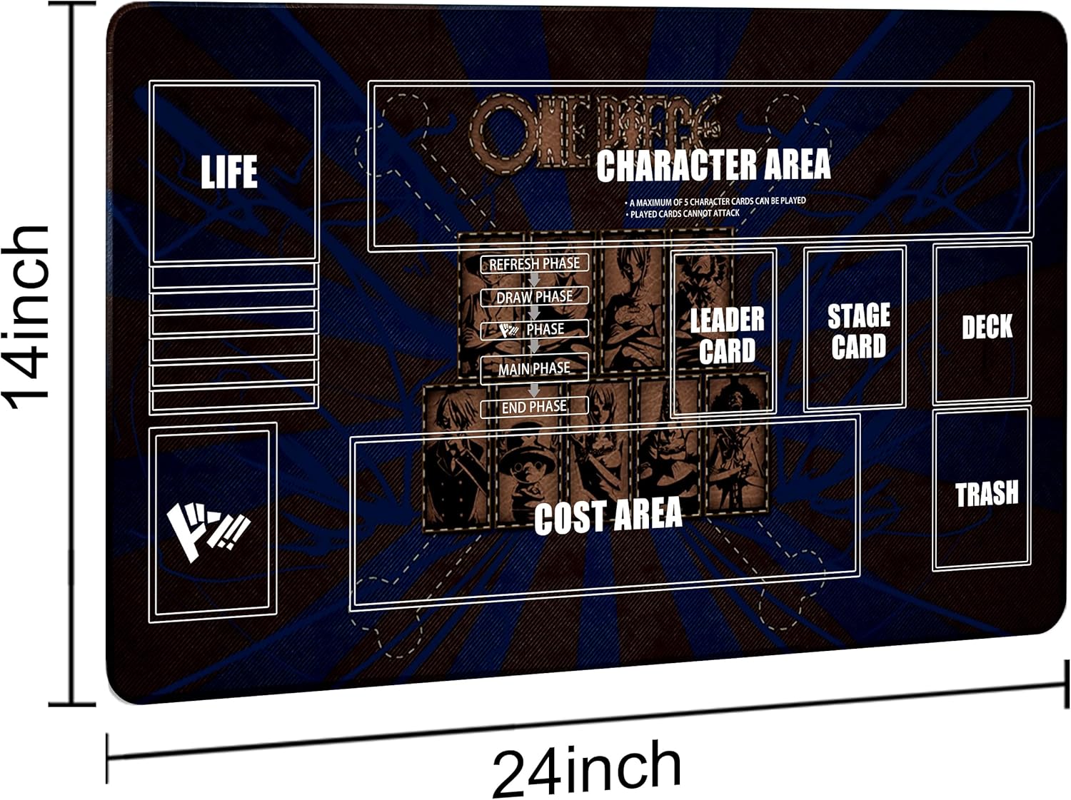 Playmat for One Piece Card Game (24x14 Inches): with Non-Slip Rubber, Zones Design, a Professional Storage Bag Included, Plus a Limited-Time Gift of a Set of 20 Damage Counters (Black1)