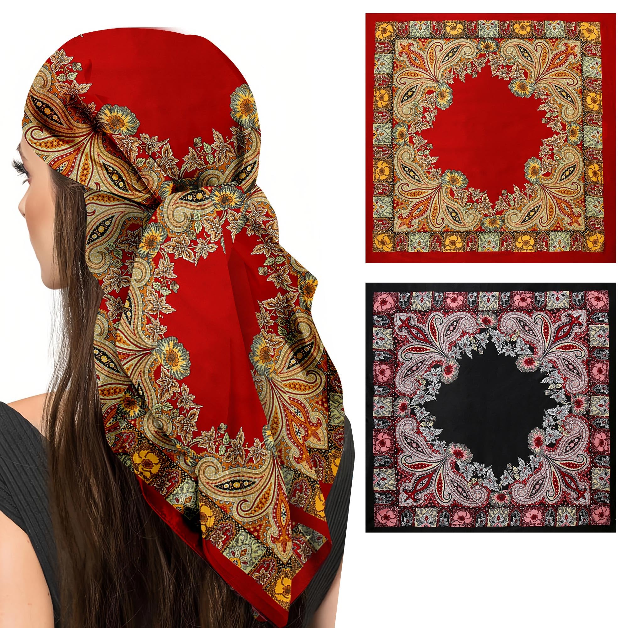 ReignSword 35” Large Square Head Scarf for Women, 2 Pcs Like Silk Hair Fashion Scarves, Silk Bandana Scarf for Hair Wrapping, Medium (Red, Red Black)