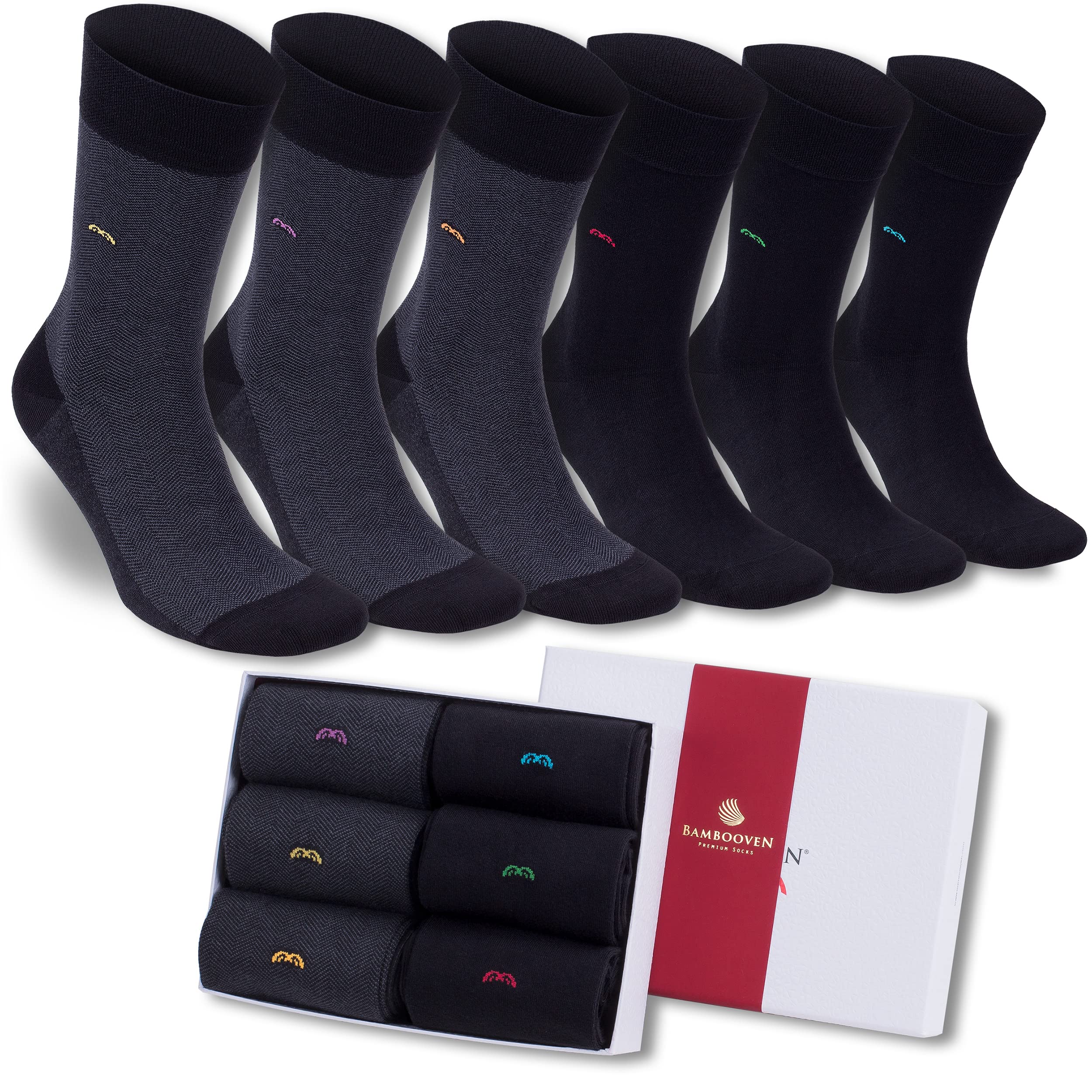 BAMBOOVEN Men’s Dress and Trouser Socks – Premium Rayon Made From Bamboo, Crew Socks (6 pair + Gift box), Mixedbox-623, 6.5-11.5 UK