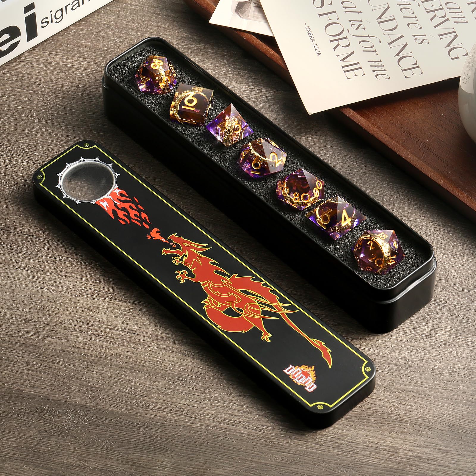 Magic Lord Ring D&D Dice Set DNDND Sharp Edge DND Dice Purple Swirl with Golden Ring Inside with Gift Metal Case for Dungeons & Dragons D&D Tabletop Game (Purple) - Image 4