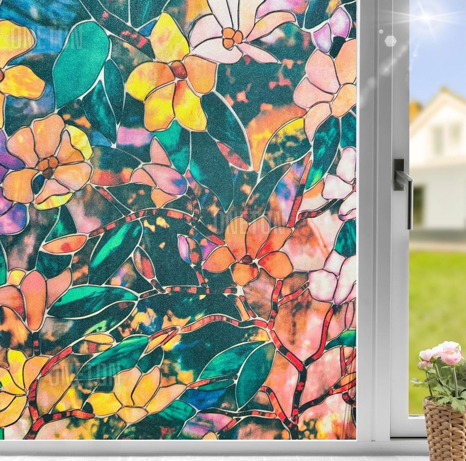 ONETON Frosted Glass Window Film Self Adheisve Decoartive Window Privacy Sheet Film UV Control Static Cling Removable Vinyl Frosted Privacy Film 12x36 Inch Color Flower 3