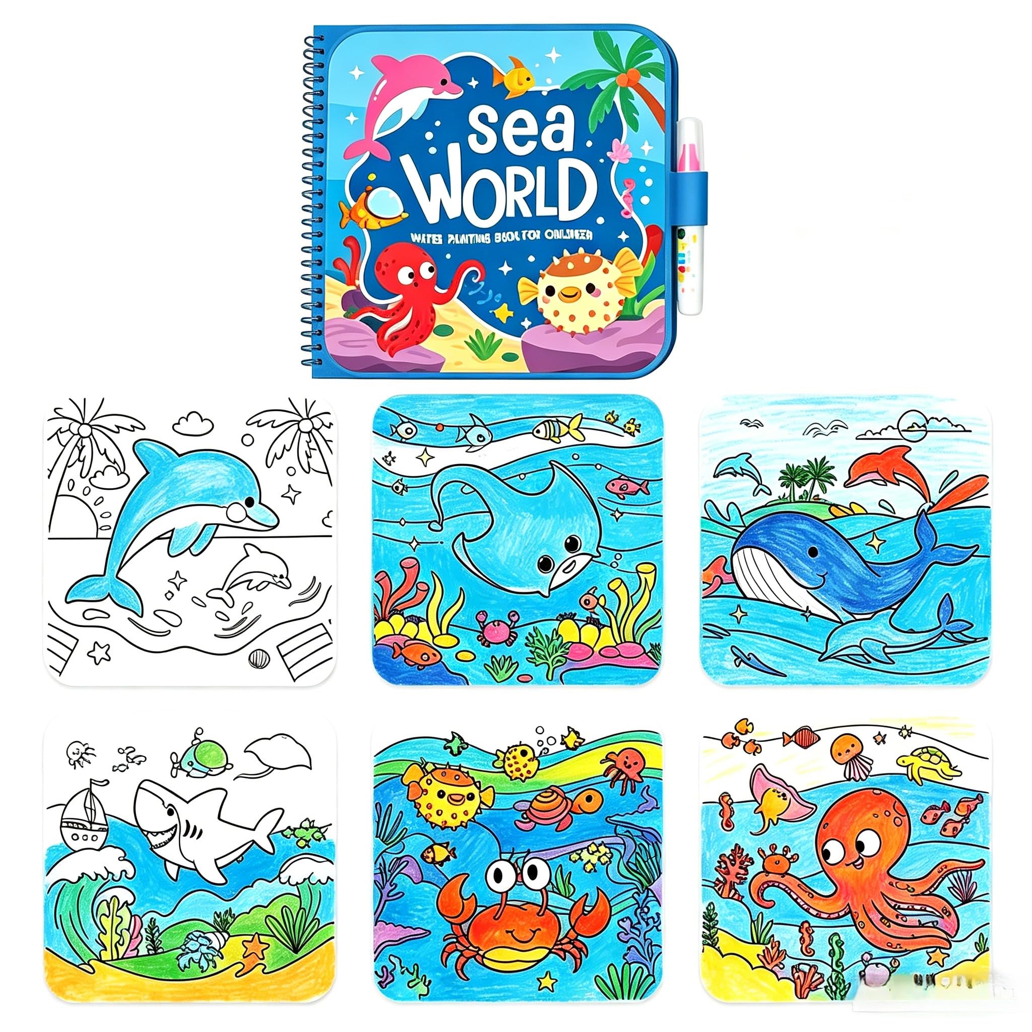 Water Painting Book for Toddlers, Reusable Magic Water Colouring Book with Pen, No Mess Animal Theme Activity Book (Sea World)