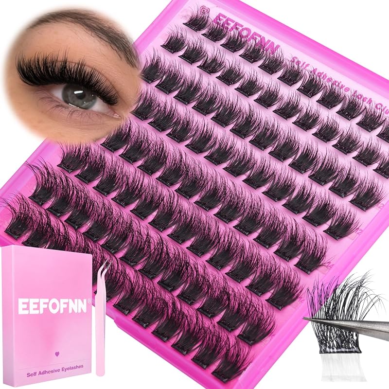Self Adhesive Eyelashes Fluffy Self Adhesive Lash Clusters No Glue Eyelash Clusters Wispy Glueless Cluster Eyelash Extensions 10-16mm Individual Lashes DIY Lash Extension Kit with Anti-Stick Tweezers