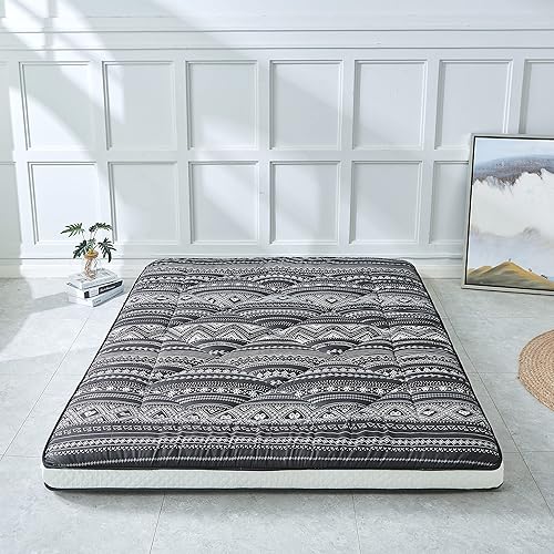 Colchón de futón japonés para suelo, plegable y portátil, grueso, para acampar, cama doble, color negro bohemio