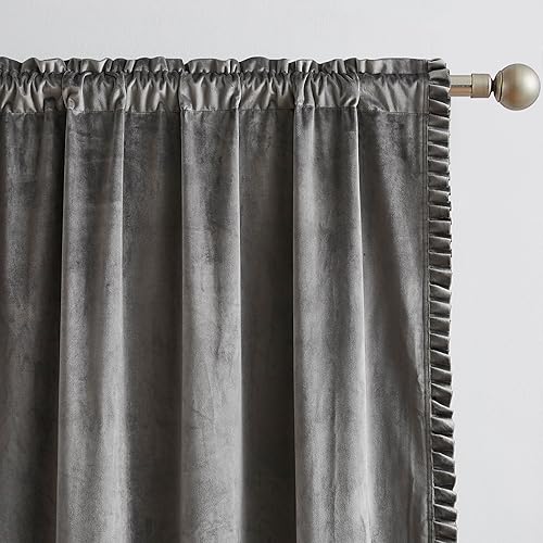 Miniatura 4 de Cortinas opacas de terciopelo gris 85% con volantes de 84 pulgadas, 2 paneles, juego de tratamiento de ventana sólido para oscurecer la habitación,