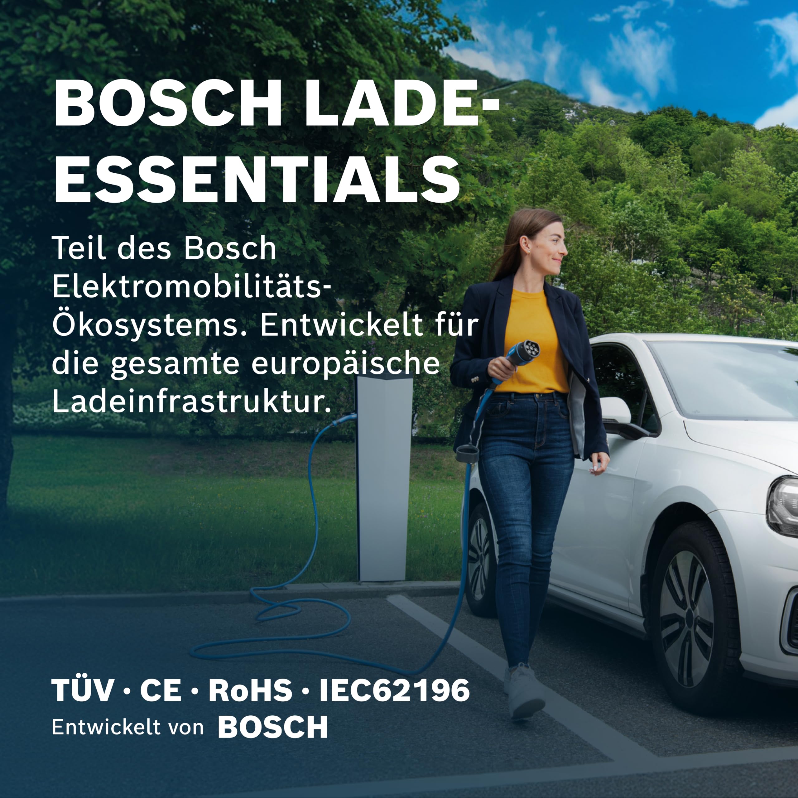 Bosch EV-Ladekabel - Typ 2 zu Typ 2, Mode 3-11 kW, 20 A, 5 Meter | Robustes 3-Phasen-Ladekabel für Elektrofahrzeuge und Plug-in-Hybride, inklusive runder Tragetasche