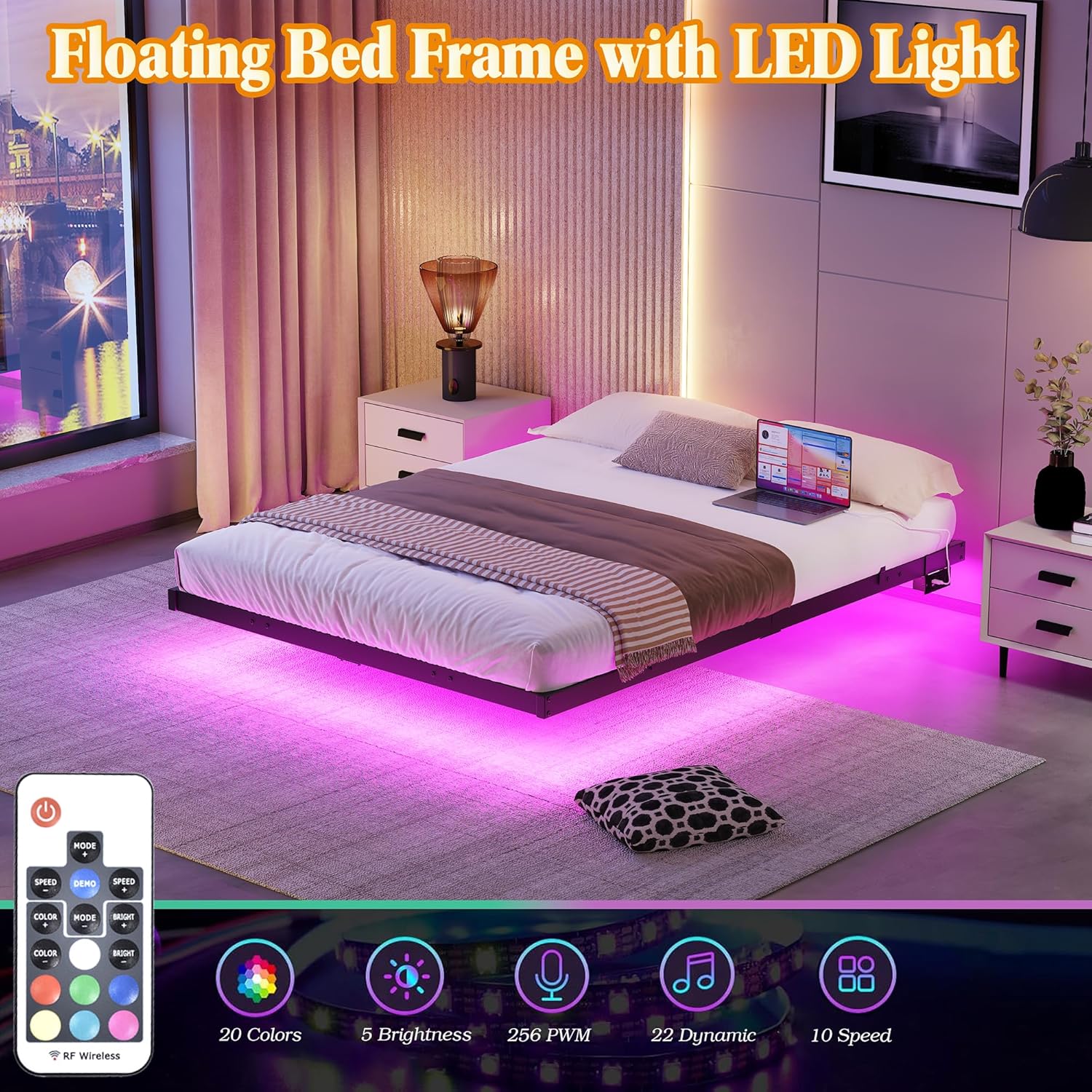 BOFENG Floating Bed Frame Full Size with LED Lights and Charging Station,Heavy Duty Metal Platform Full Size Bed Frame No Box Spring Needed,Nonslip,Noise Free,Easy Assembly