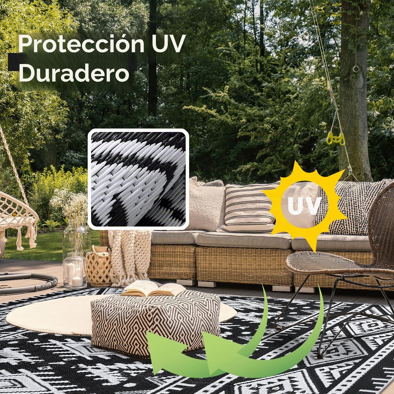 Homaxy Alfombra para exteriores resistente a la intemperie, de plástico, plegable, lavable, resistente a los rayos UV, reversible, para balcón, jardín, terraza, camping, picnic (150 x 240 cm, negro y