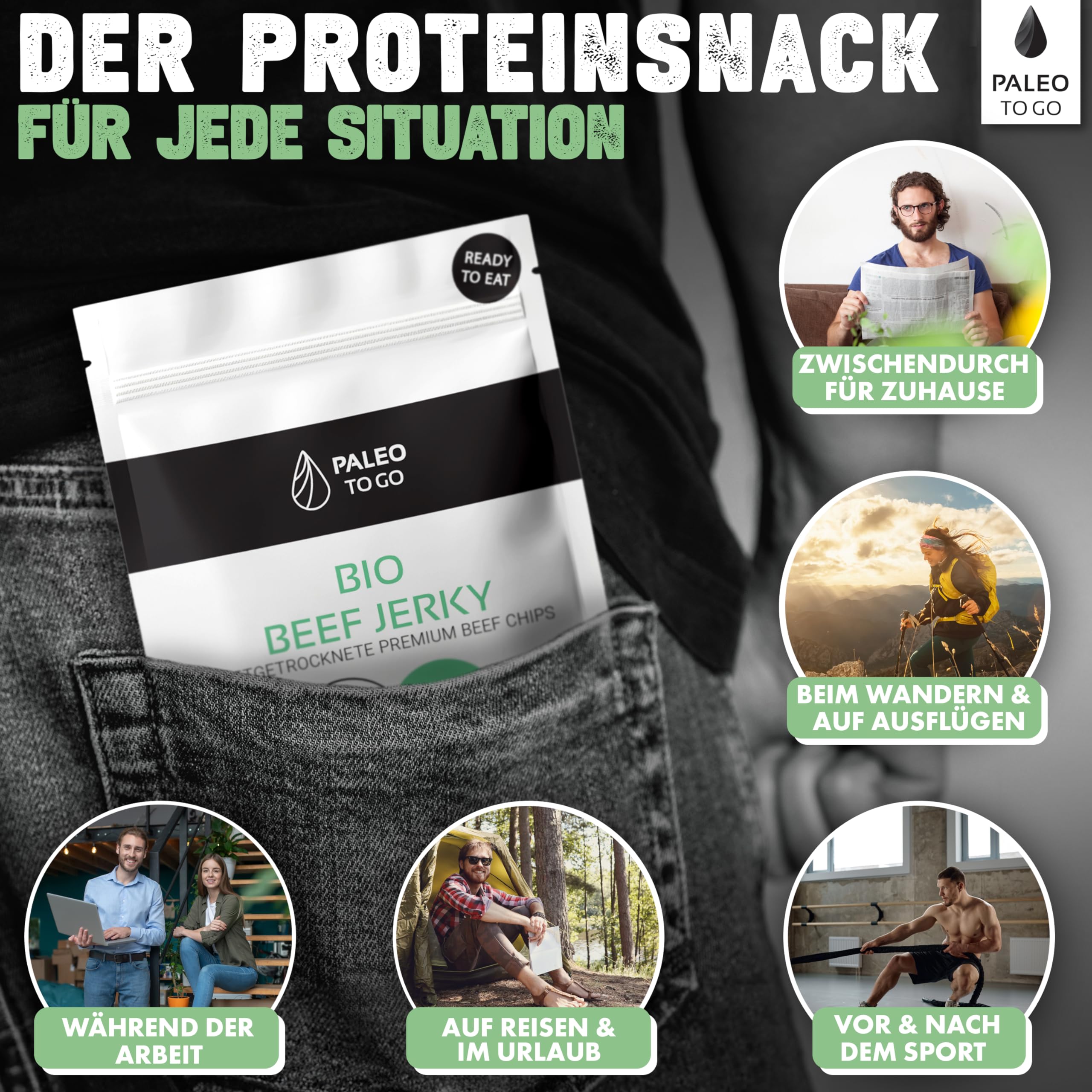 PALEO TO GO Beef Jerky [100% BIO] – High Protein Snack (75% Eiweiß) – Trockenfleisch, Biltong aus Bio Rindfleisch – Low Carb Eiweiß Snack – Protein Chips (14x30g)