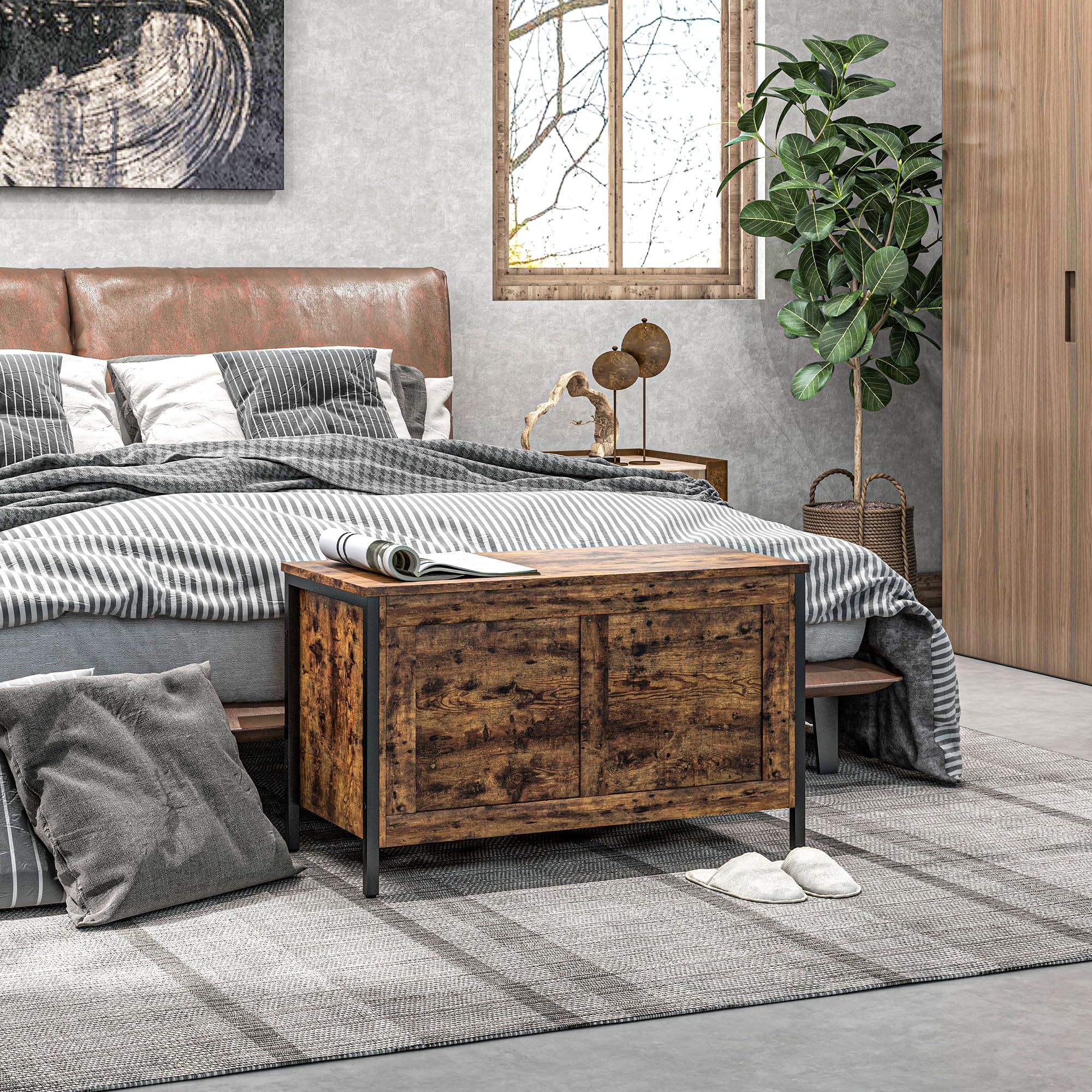 HOMCOM Baúl Banco 95L contenedor Multiusos 80x40x49cm Marrón rústico