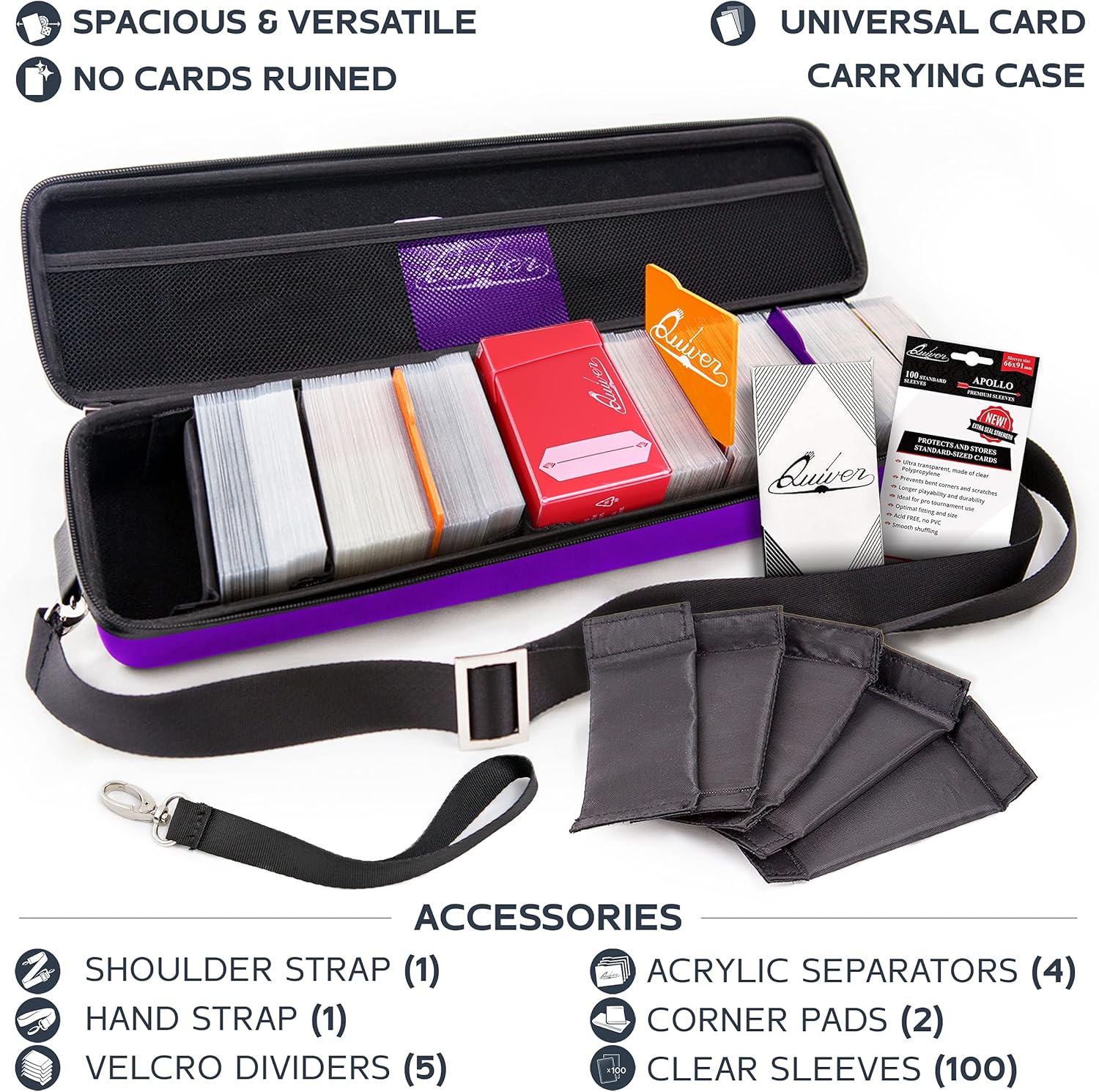 Quiver Time Purple Quiver Card Carrying Case - TCG Cards Deck Box Holder for Trading Cards, MTG Bag Playing Card Case (+Wrist & Shoulder Strap, Dividers, Separators, Corner Pads + 100 Apollo Sleeves)
