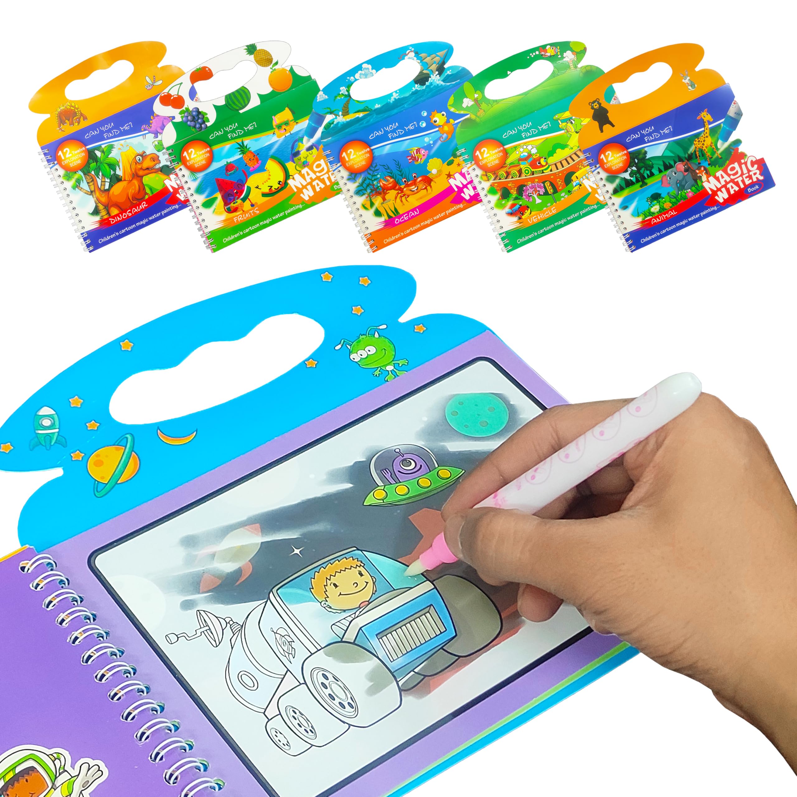 VGRASSP Pack of 6 Magic Water Coloring Book Toy for Kids - Reusable Quick Dry Doodle Book - Birthday Return Gift for Boy
