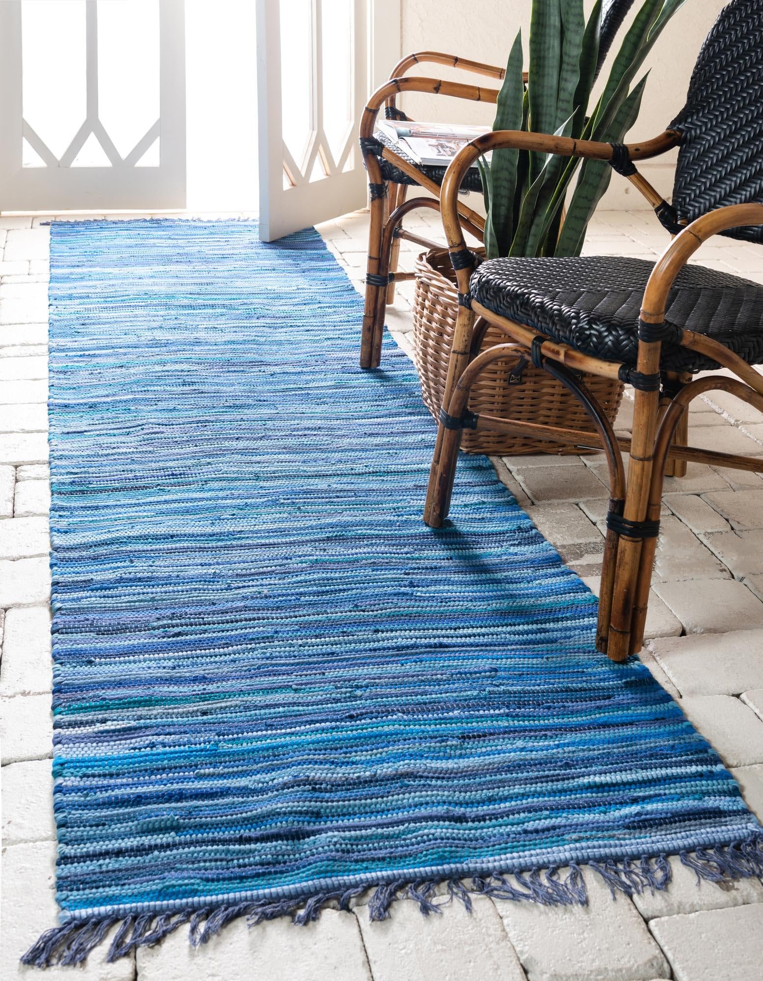 Rugs.com Chindi Cotton Collection Rug – 6 Ft Runner Navy Blue Flatweave Rug Perfect for Hallways, Entryways