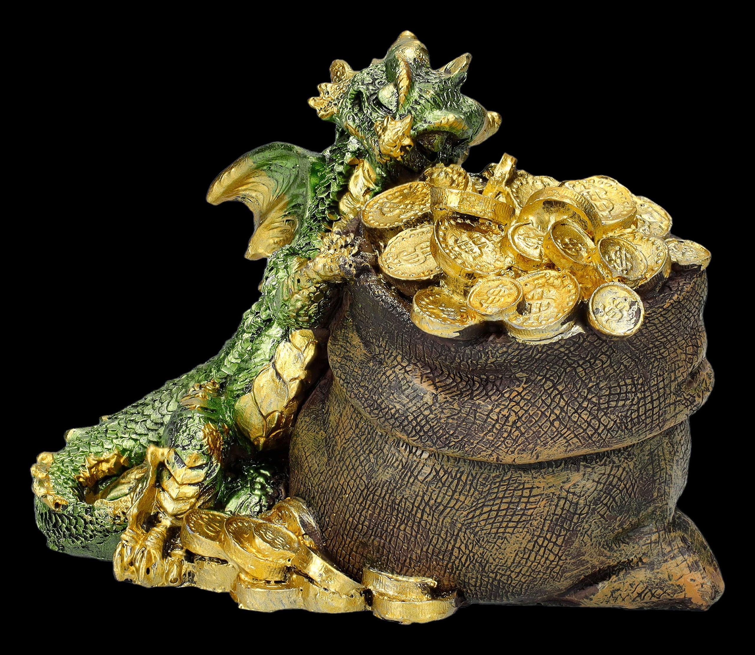 Figuren Shop GmbH Drachenfiguren als liebevolle Schatzhüter: 2er Set, Lila & Grüner Drache, Goldmünzen-Sack, 13 cm Breit
