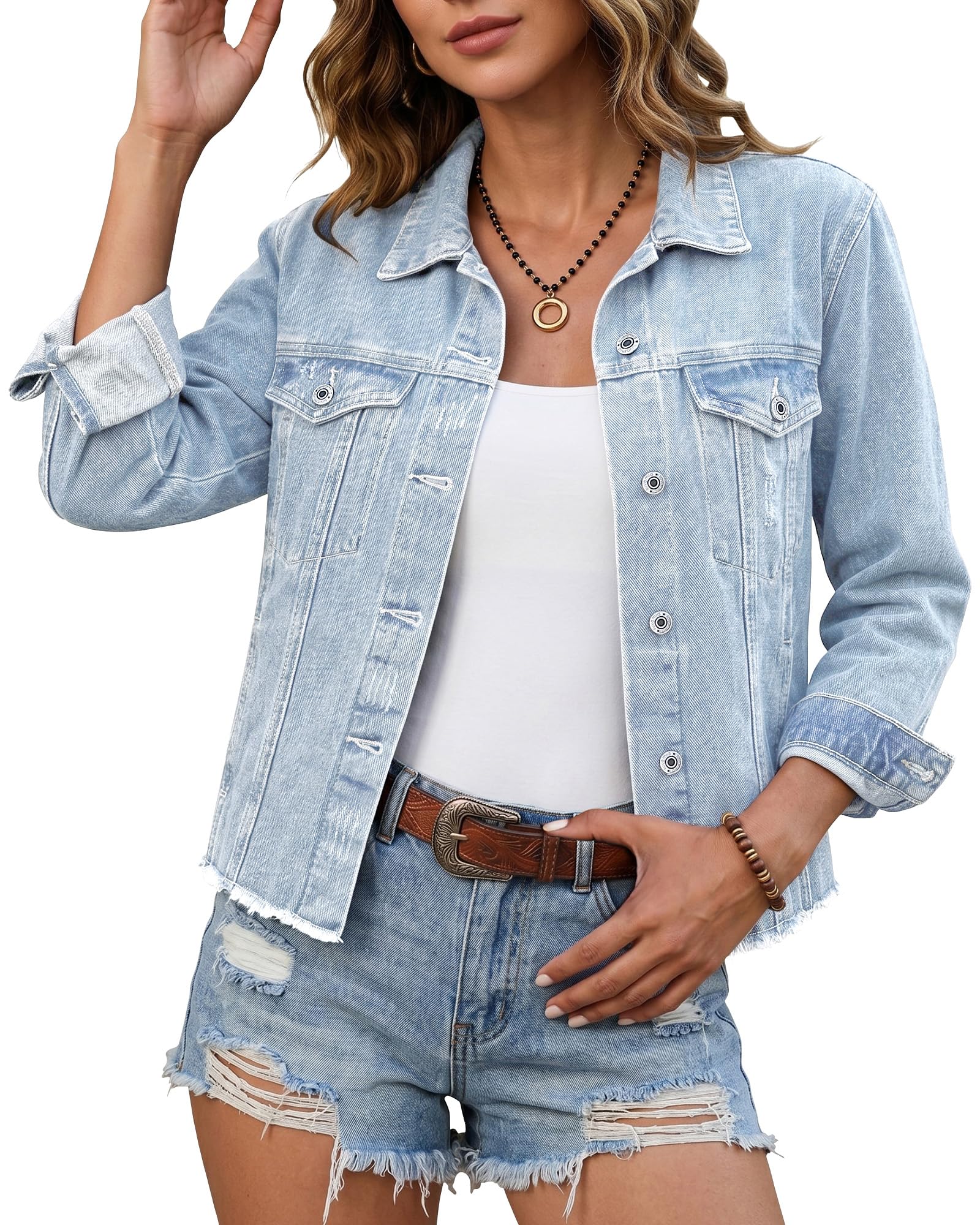 luvamia Denim Jacket for Women Distressed Jean Jackets Button Up Vintage Western Trucker Jacket Frayed Hem Pockets