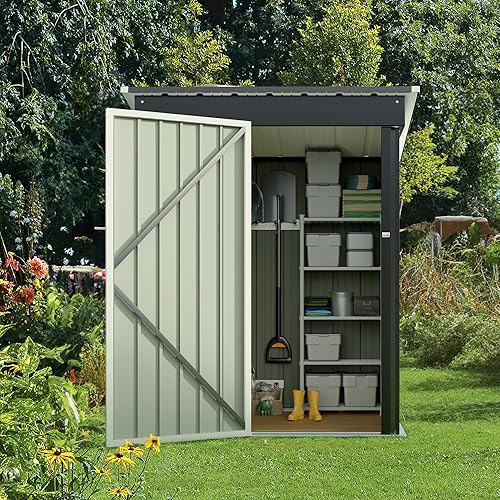 Miniatura 7 de Flamaker Cobertizo de almacenamiento impermeable de metal con puerta con cerradura, cobertizo de herramientas para almacenamiento al aire libre para