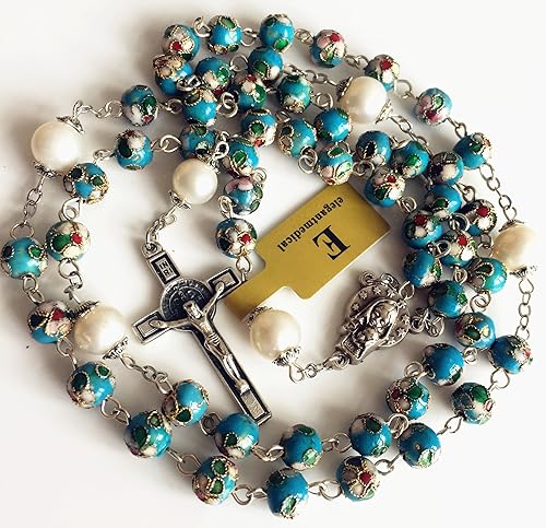 Miniatura 5 de elegantmedical HECHO A MANO NICE Azul CLOISONNE & 0.394 in Perla Perla ROSARIO COLLAR Italia St. Benedict Cruz Caja, Perla