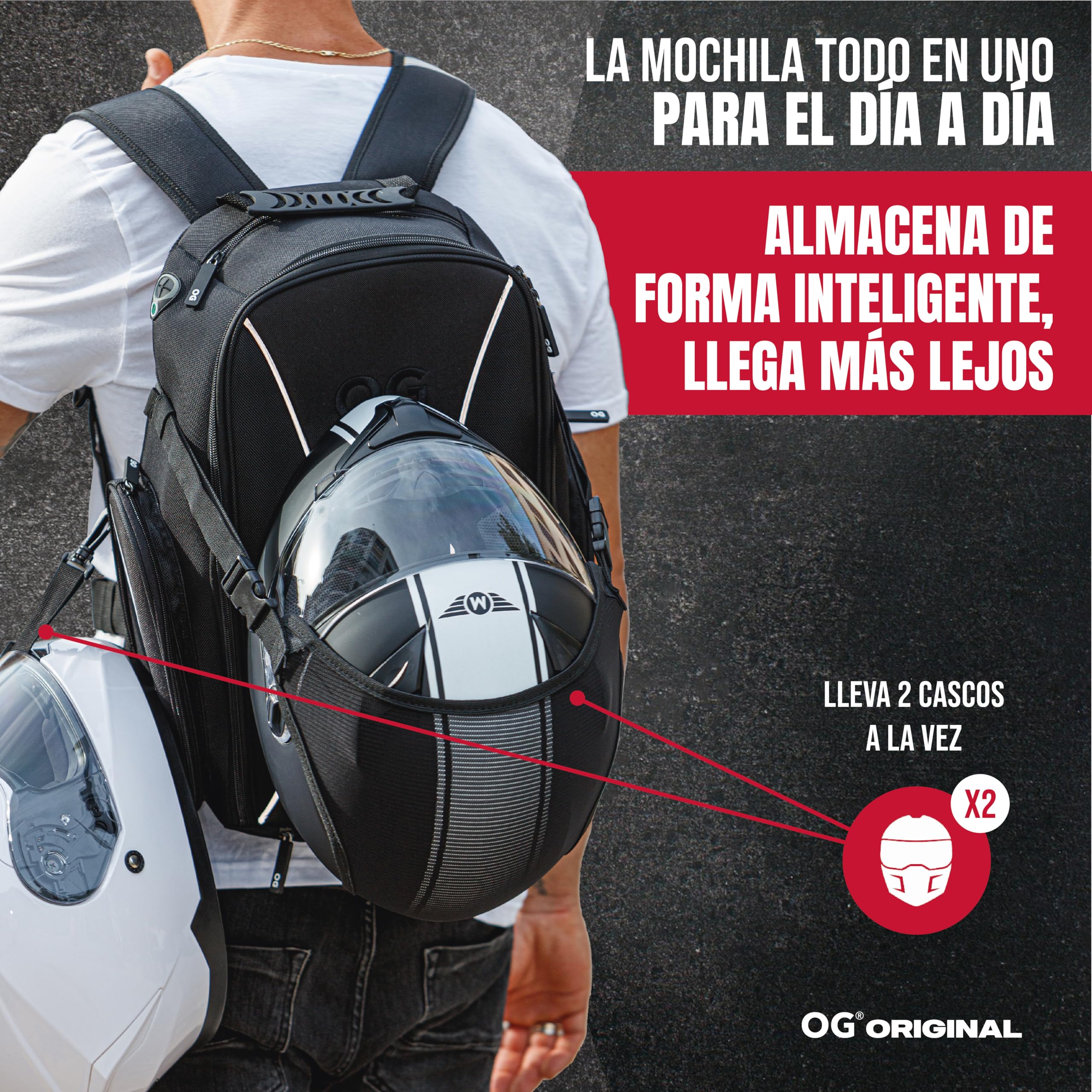 OG Original Mochila Moto GO Negra Impermeable 20L, Bolsa Porta-Cascos Motorista, Correa Casco, Ciclismo, Hombre, Portátil, Reflectante, Bolsillo Antirrobo