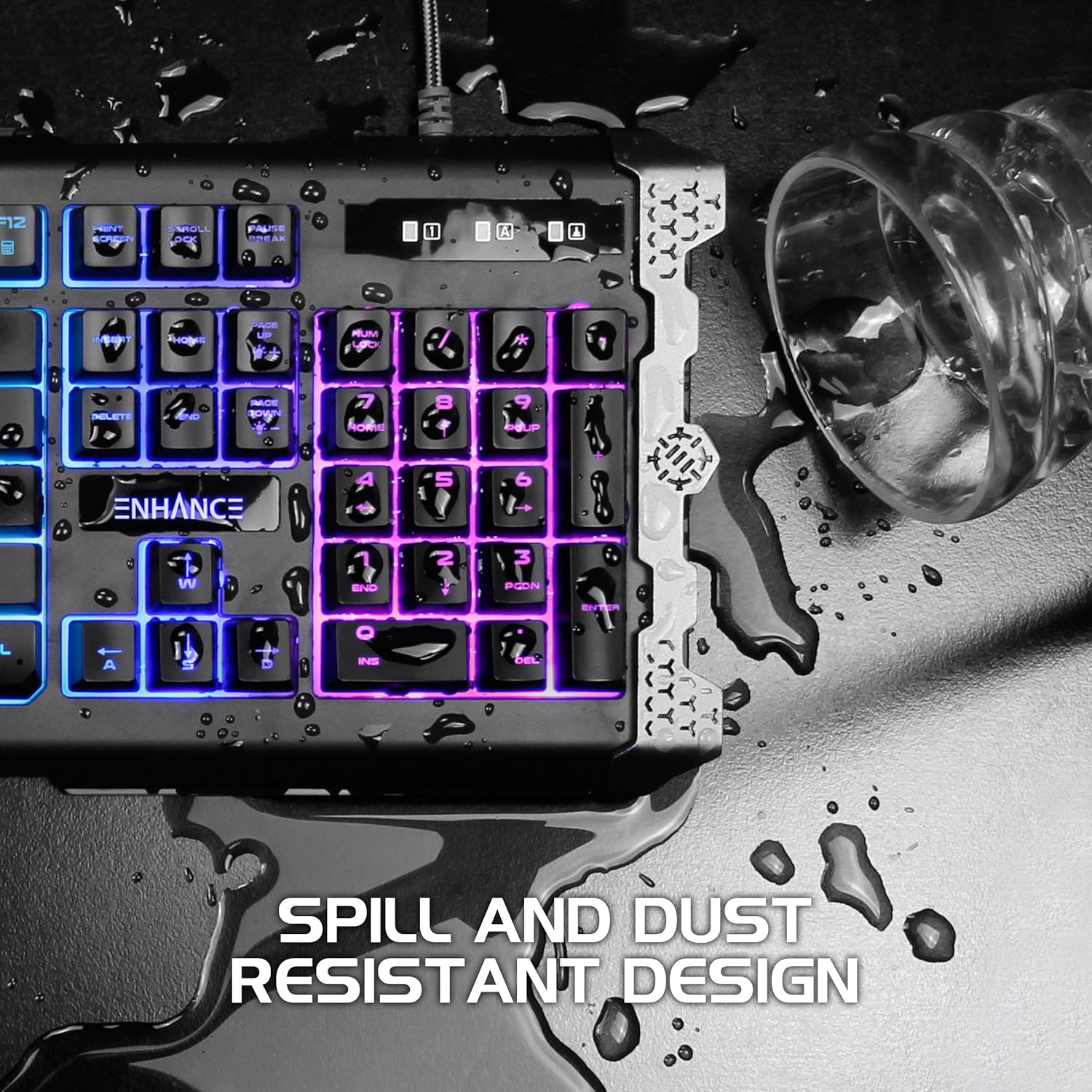 Keyboard with water spilled on it, demonstrating spill resistance