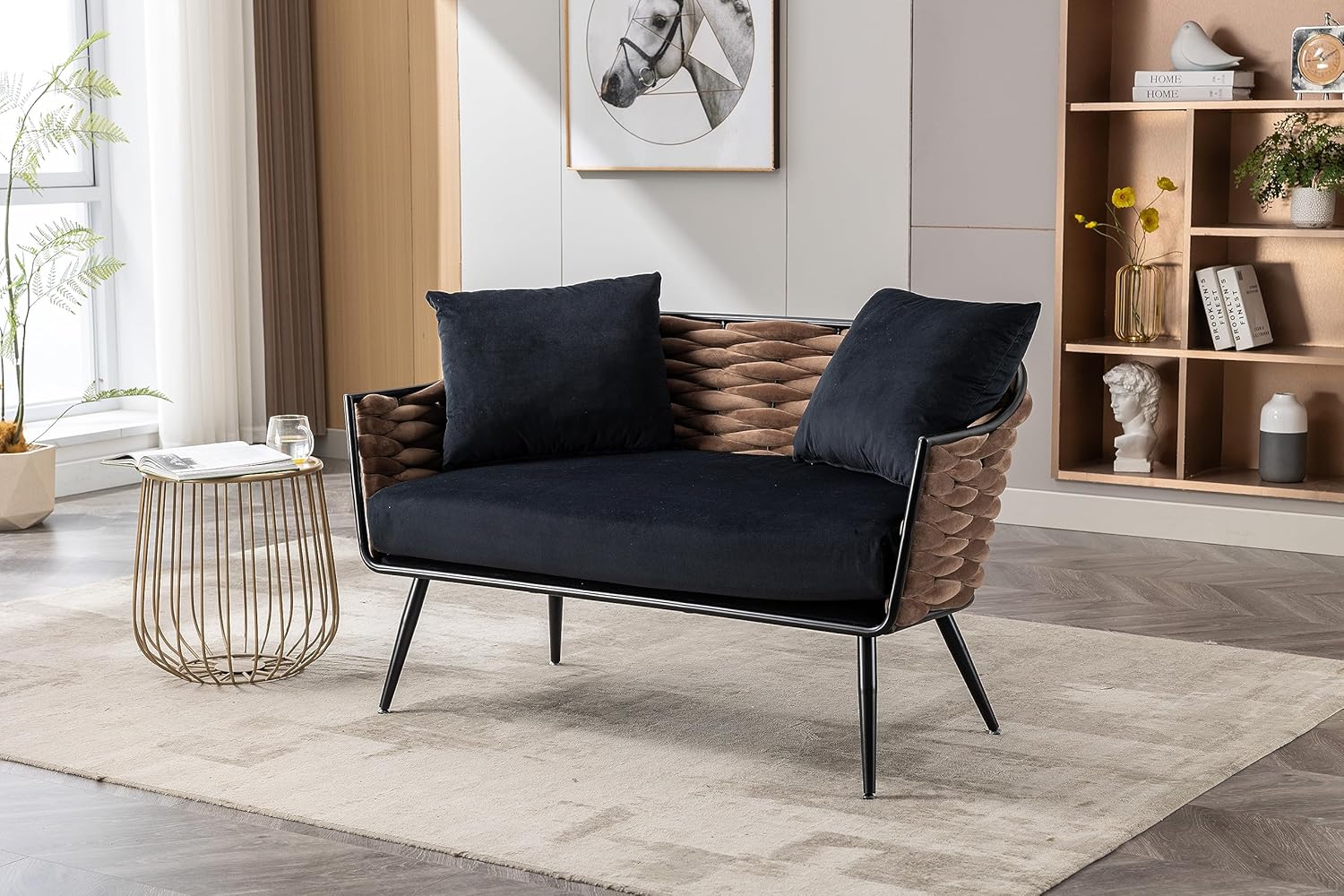 Wide Accent Chair Velvet Loveseat for Living Room, Modern Upholstered Armsofa Tufted Sofa with Gold Legs, Special Woven Back Leisure Sofa for Bedroom Office Balcony (Black)